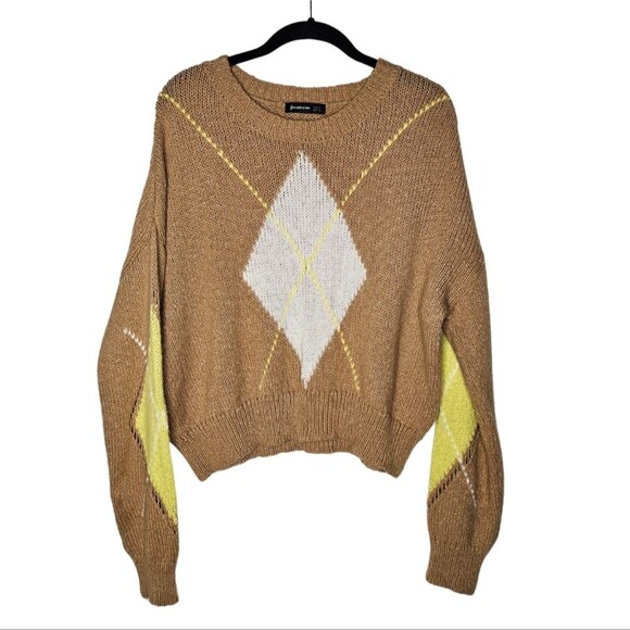 Stradivarious Preppy Argyle Drop Shoulder Crewneck Sweater Semi Cropped Size M - Picture 1 of 7